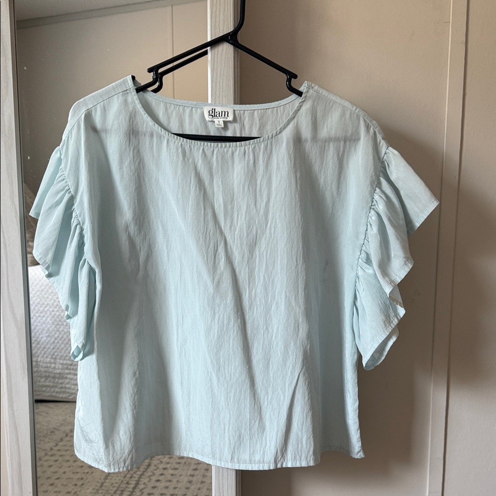 Glam Soft Blue Ruffle Sleeve Blouse